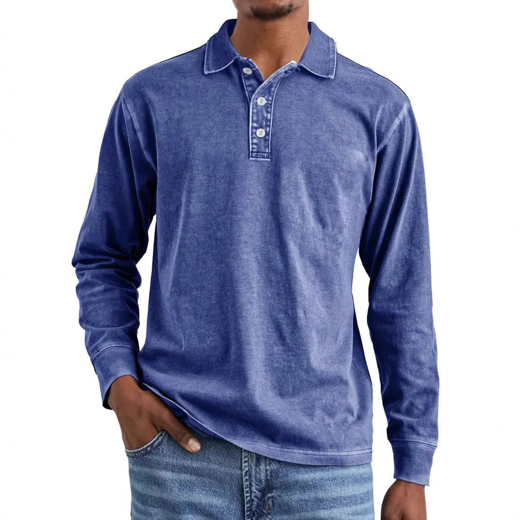 Men's retro washed distressed cotton long sleeve polo shirt with lapel collar in multiple colours