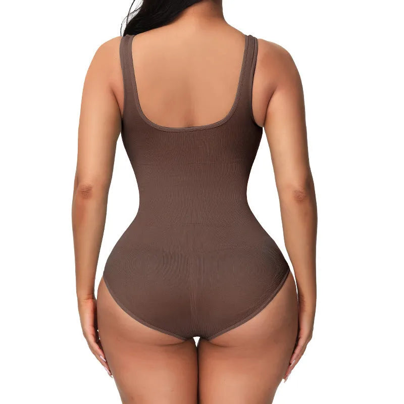 Seamless nylon corset bodysuit for women in green colour on a size chart.