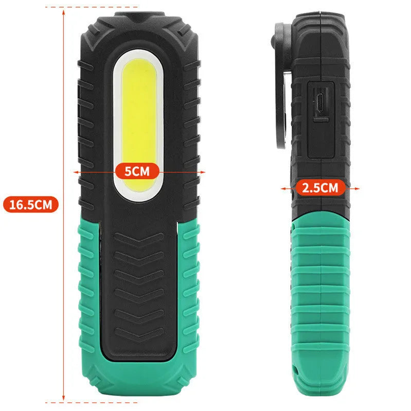 Black and green auto repair work light with USB charging cable for vehicle inspections