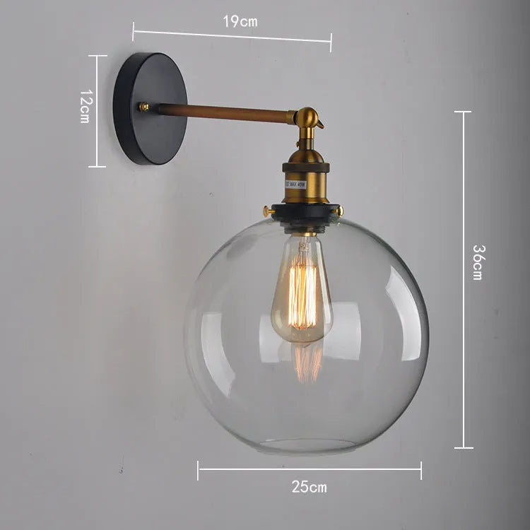 20cm round retro glass ball wall lamp in amber, smoke grey, or transparent finish with aluminium holder.