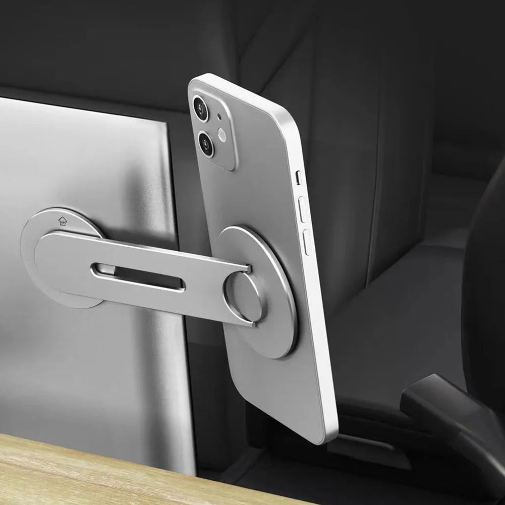 Silver aluminium magnetic car phone holder showing 180-degree flip mechanism with hidden bracket