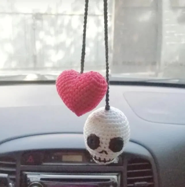 Plush hand-woven car hanging ornament in cartoon Halloween design hanging from rearview mirror