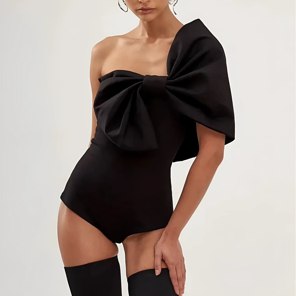 Black and white solid colour tube top bow one-piece swimsuit with high elasticity and optional wrap skirt for women