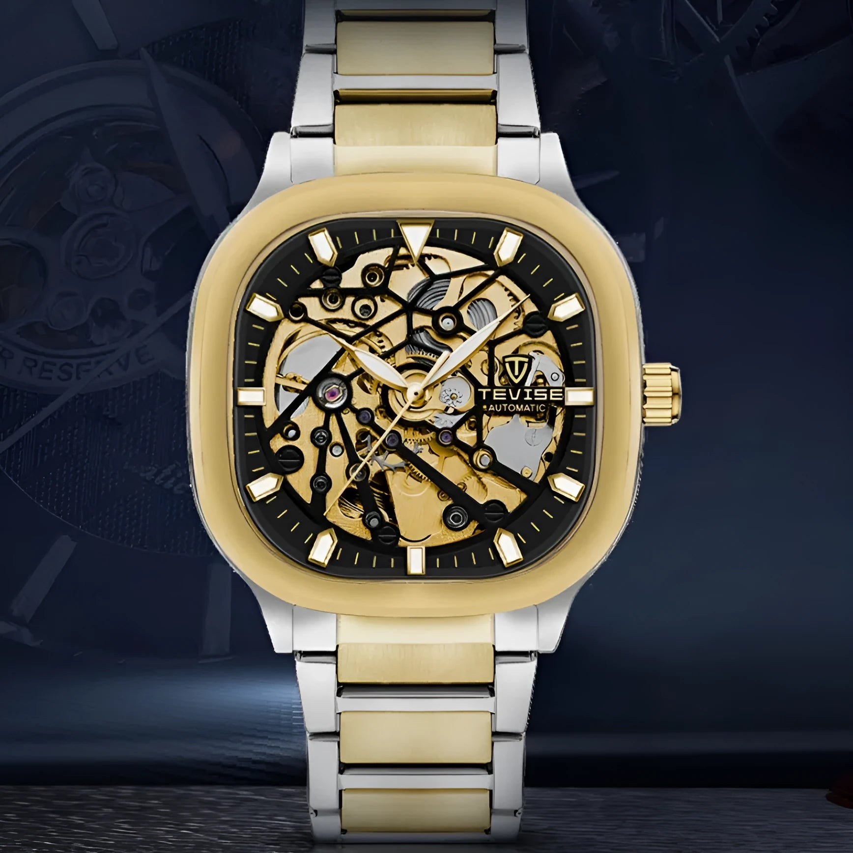 Men's automatic watch with luminous hands on a stainless steel strap, featuring a square hollow metal case.