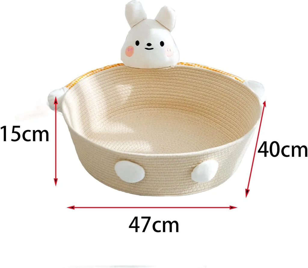 Woven cotton rope cat bed and scratching post in bear design, showing basket shape.