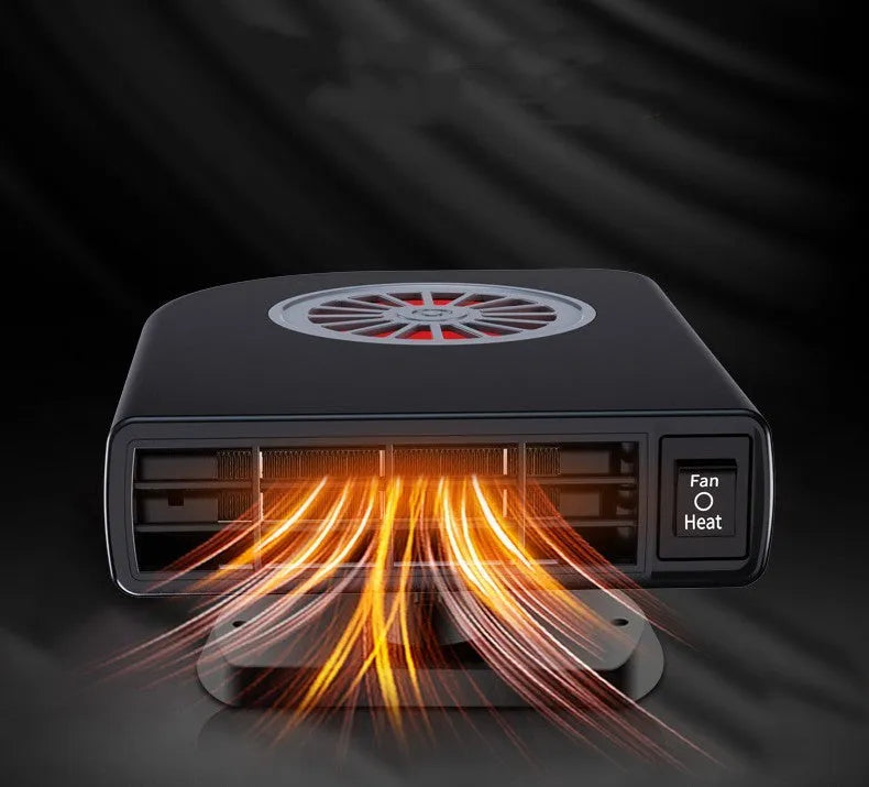 Black ABS vehicle-mounted car heater for defogging, shown with adjustable vents and double-sided adhesive.