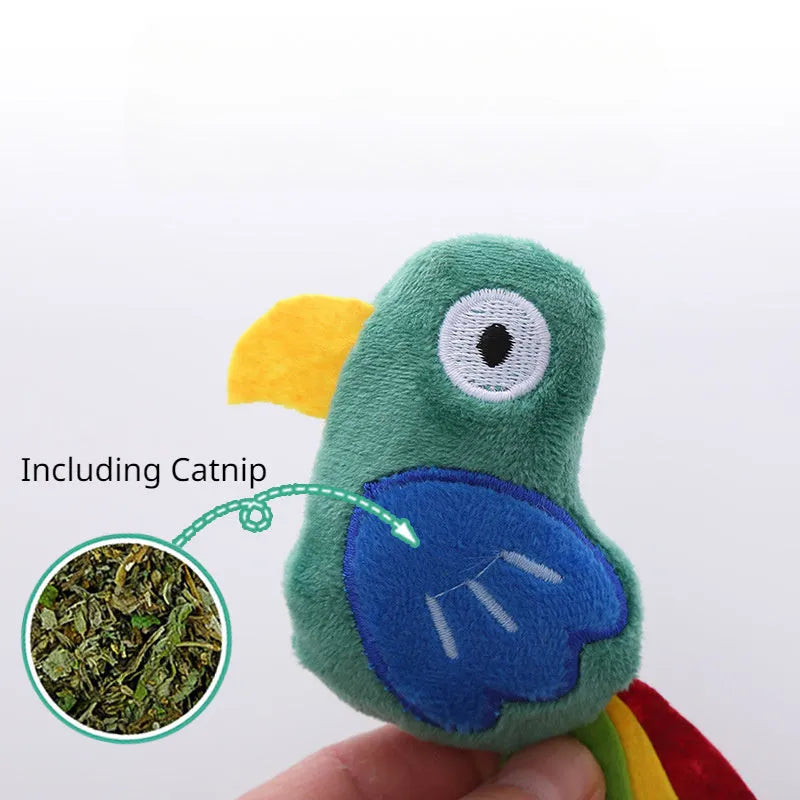 Plush cat toy in cow, crocodile or parrot shape with catnip filling for interactive play