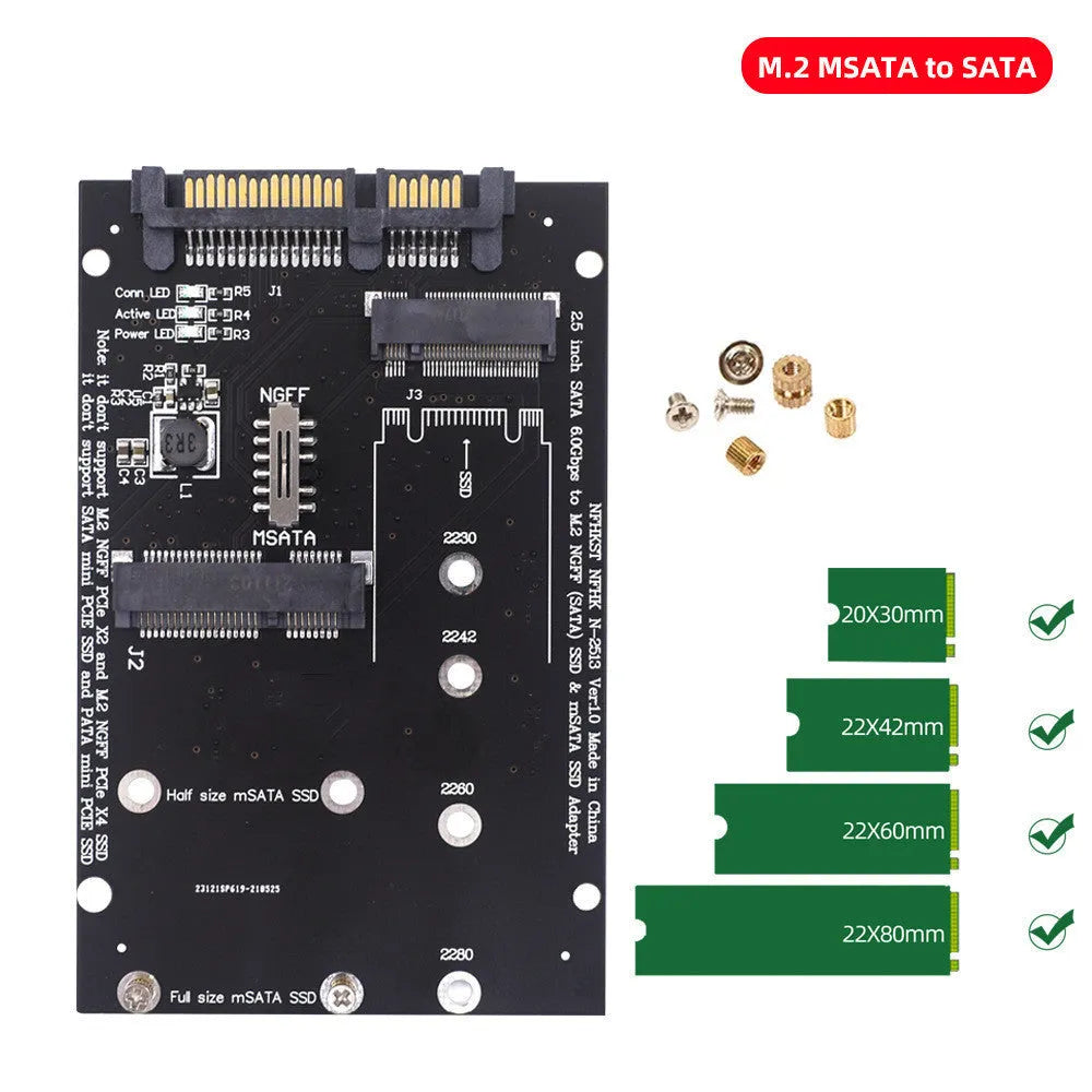 Black SATA to M.2 NGFF mSATA SSD conversion adapter card with 2.5-inch form factor