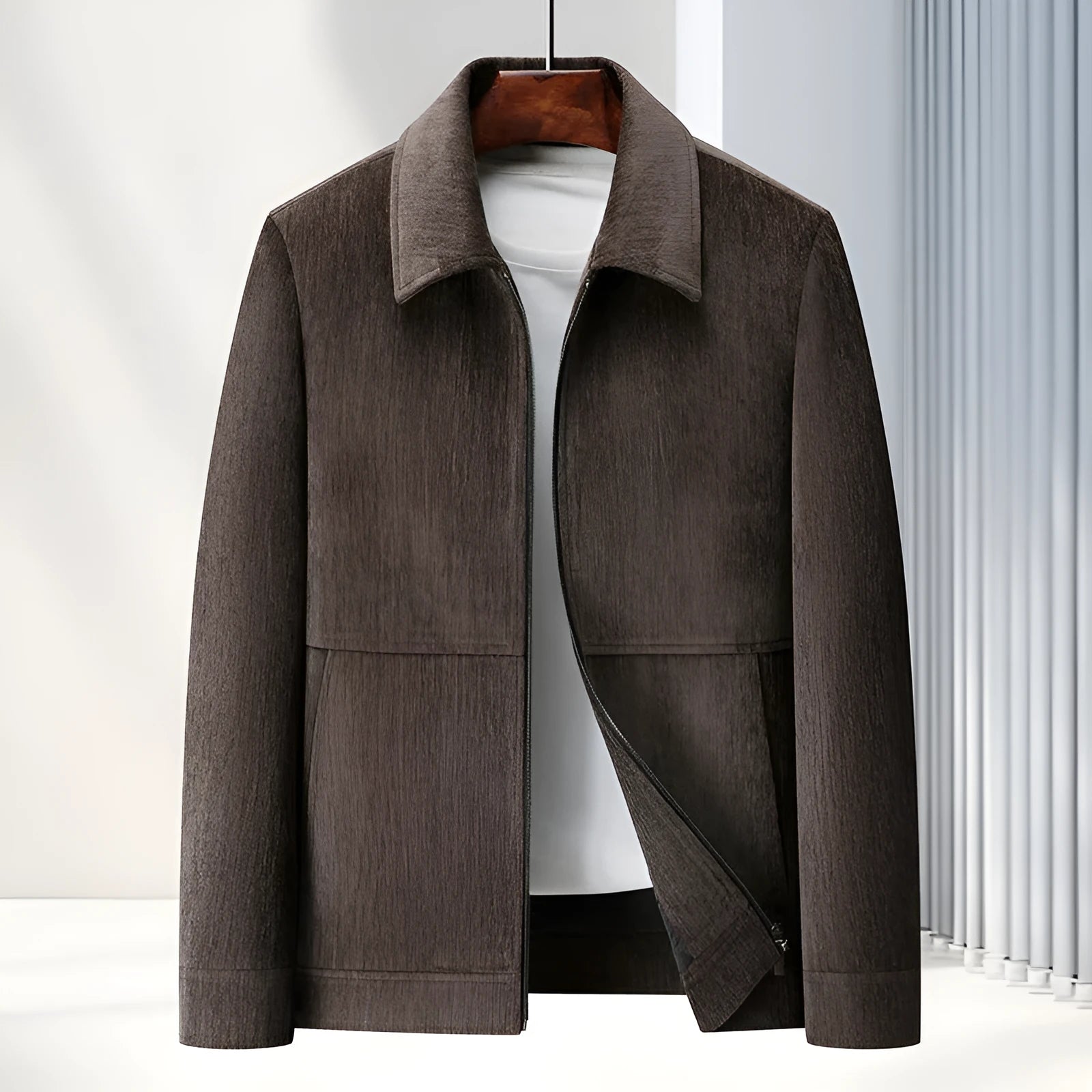 Men's slim fit lapel casual coat in Vinylon fabric, shown in dark blue colour.