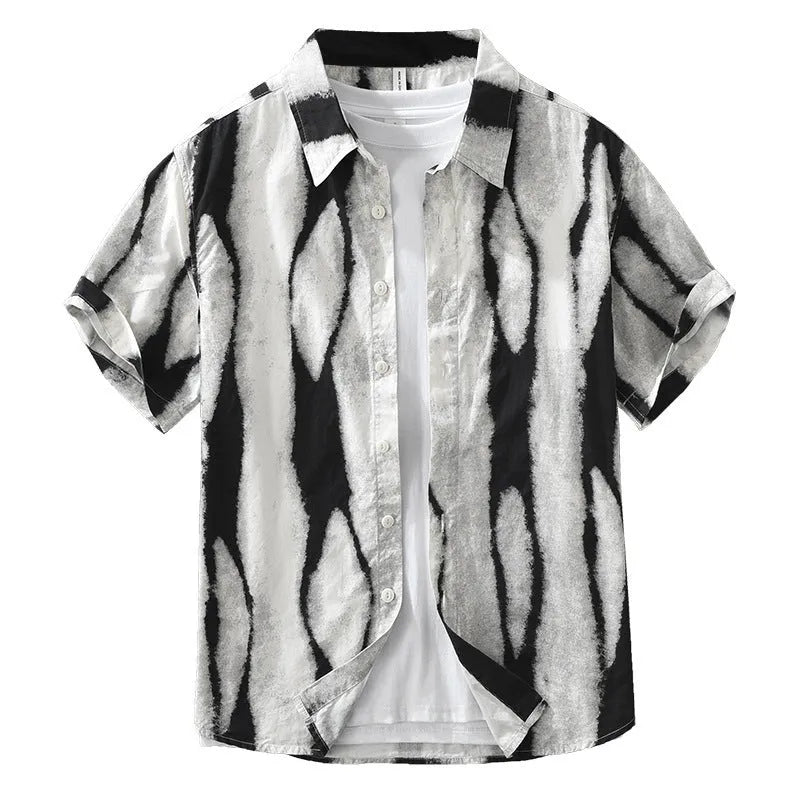 Pure cotton retro striped short sleeve shirt in loose fit cardigan style