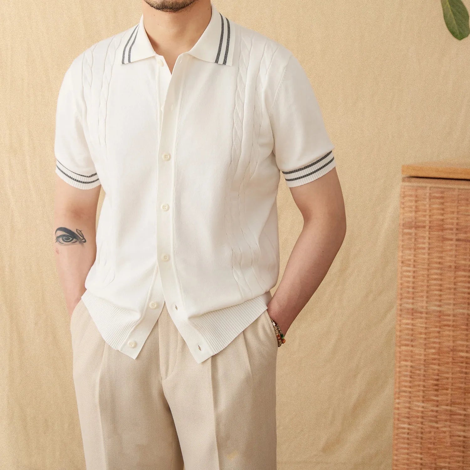 Cotton blend short sleeve polo shirt with lapel collar in apricot colour