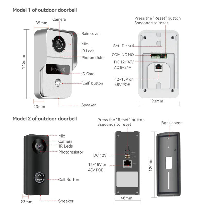 Video intercom doorbell system with outdoor camera unit and indoor display monitor for home entry security