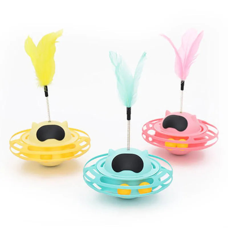 Pink cat tumbler turntable toy with self-hi stick measuring 17x10cm