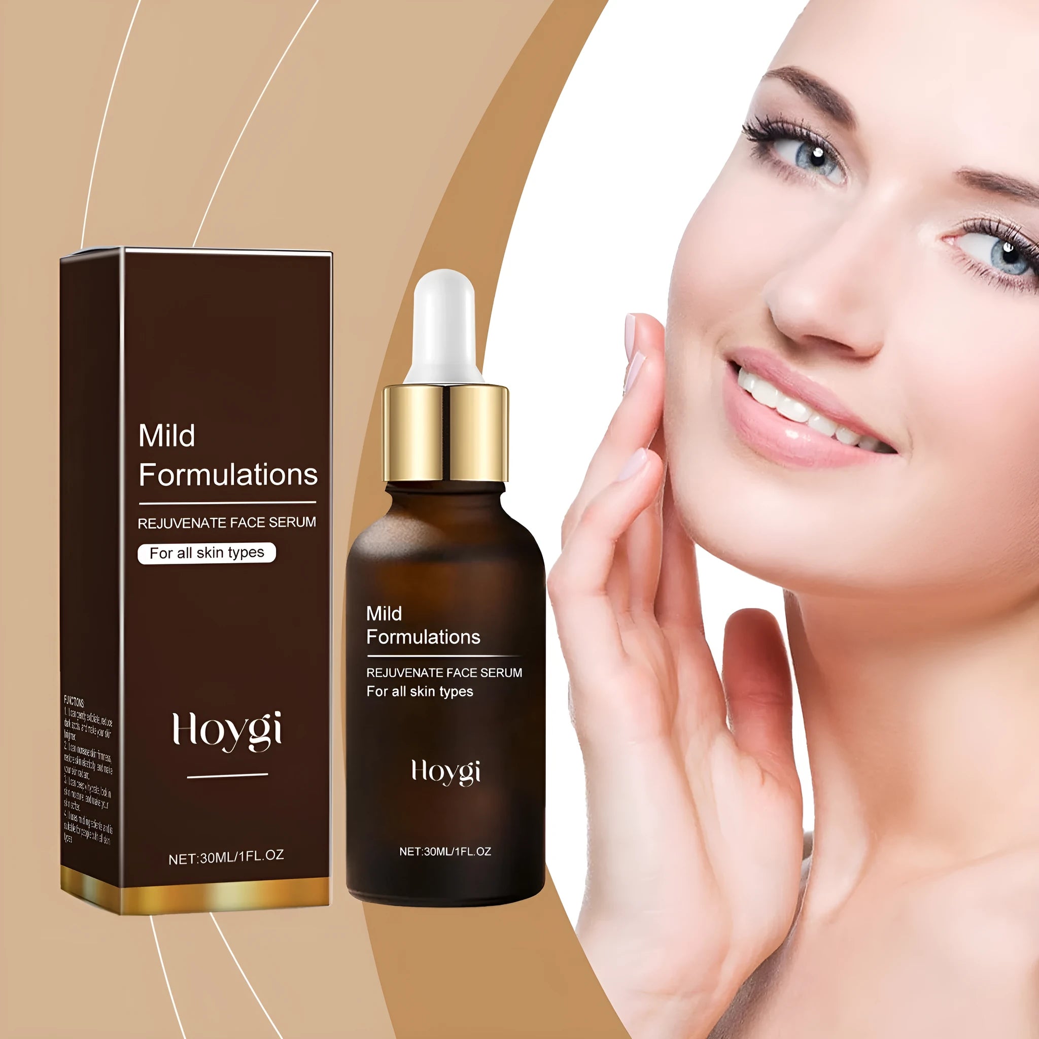 30ml facial essence bottle with clear liquid containing arbutin, collagen, vitamin C and hyaluronic acid