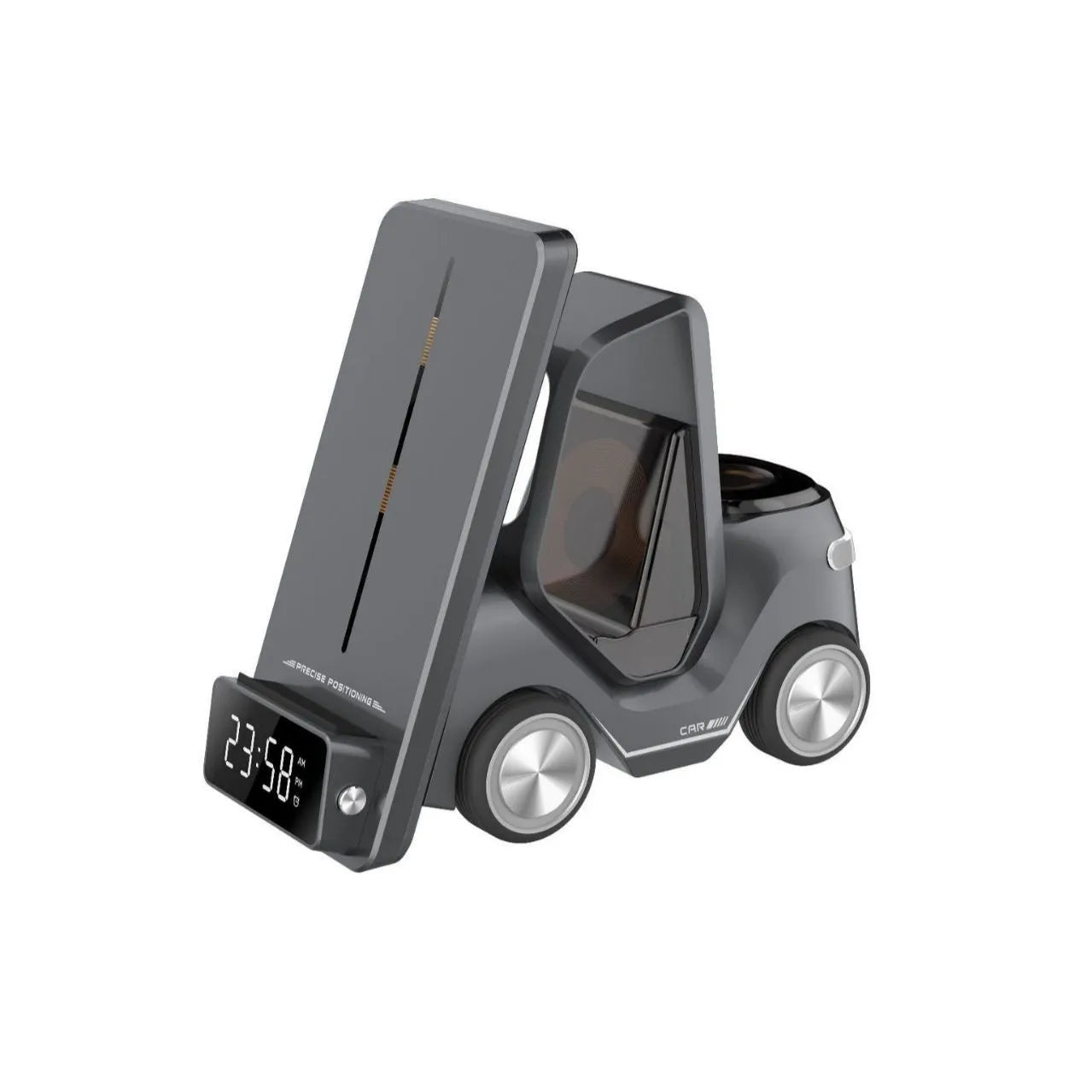 15W three-in-one wireless charging bracket in a choice of colours, charging a smartphone, earbuds, and smartwatch.