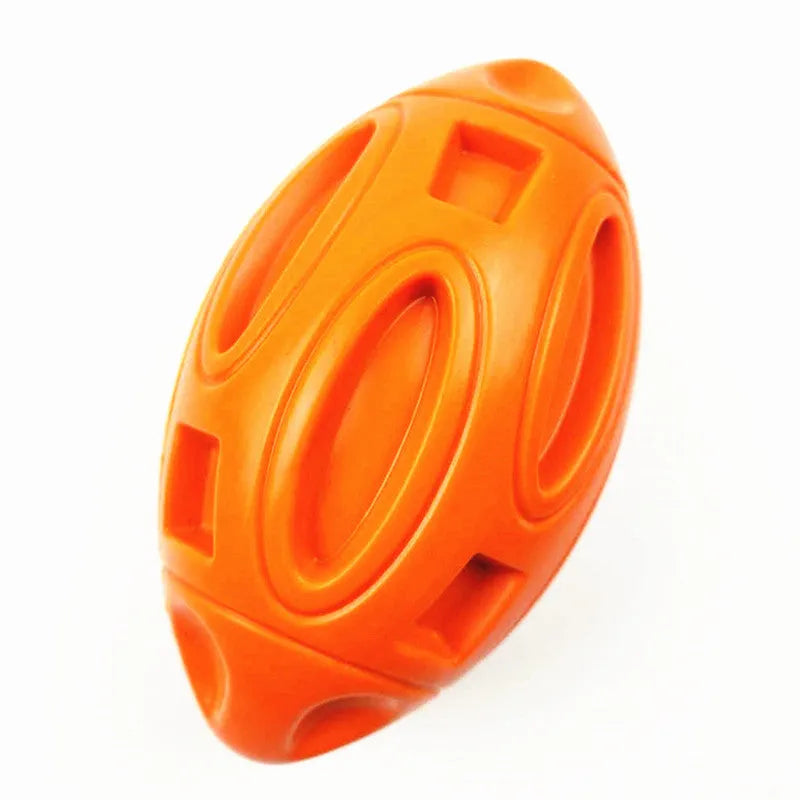 Blue, green, and orange natural rubber squeaky dog toy ball with surface grooves for medium/large breed dogs.