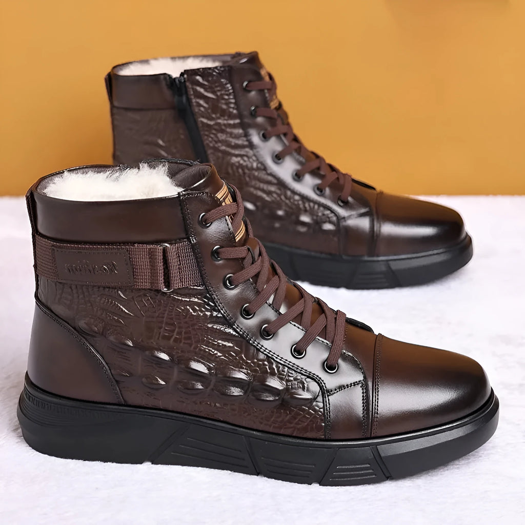 Genuine leather snow boots with integrated fur, non-slip rubber soles, and front lace-up closure