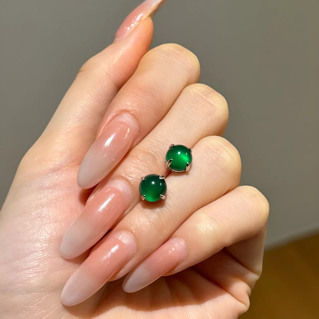 Retro S925 sterling silver green chalcedony stud earrings platinum finish round geometric women's jewellery