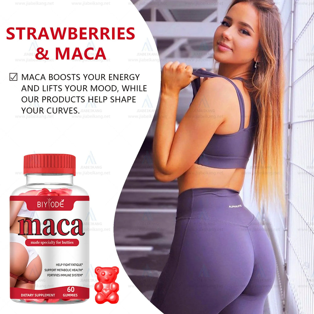 Maca gummies for hip and booty curve support in a bottle with 60 gummies, original flavour, beauty shape supplement