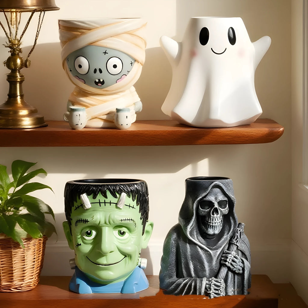 Four hand-painted Halloween cartoon resin flower pots showing bandage zombie, white ghost, Frankenstein, and death designs.