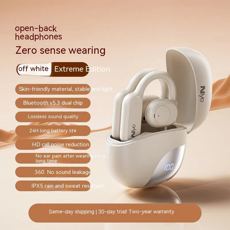 Bone conduction wireless ear clip headphones in black with ear hook design and digital display