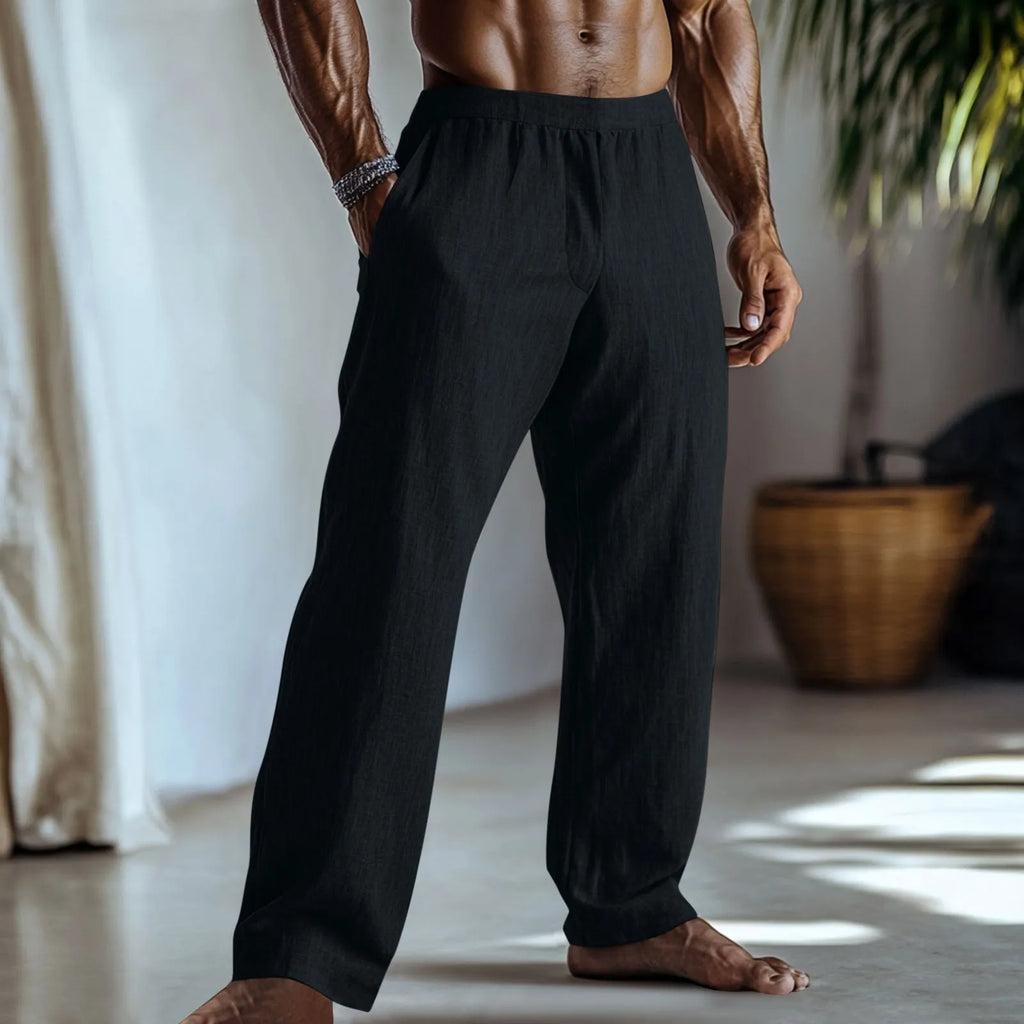 Straight-leg cotton and linen casual trousers in a light green colour, shown with visible pockets.