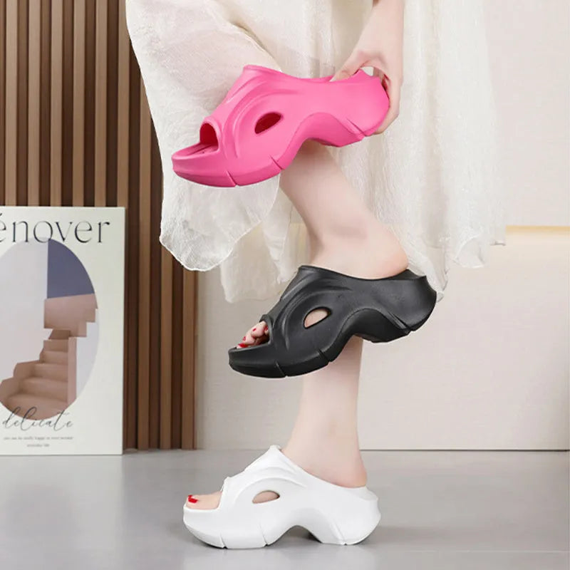 Women's thick-soled EVA slippers in white, black, and rose red colour options