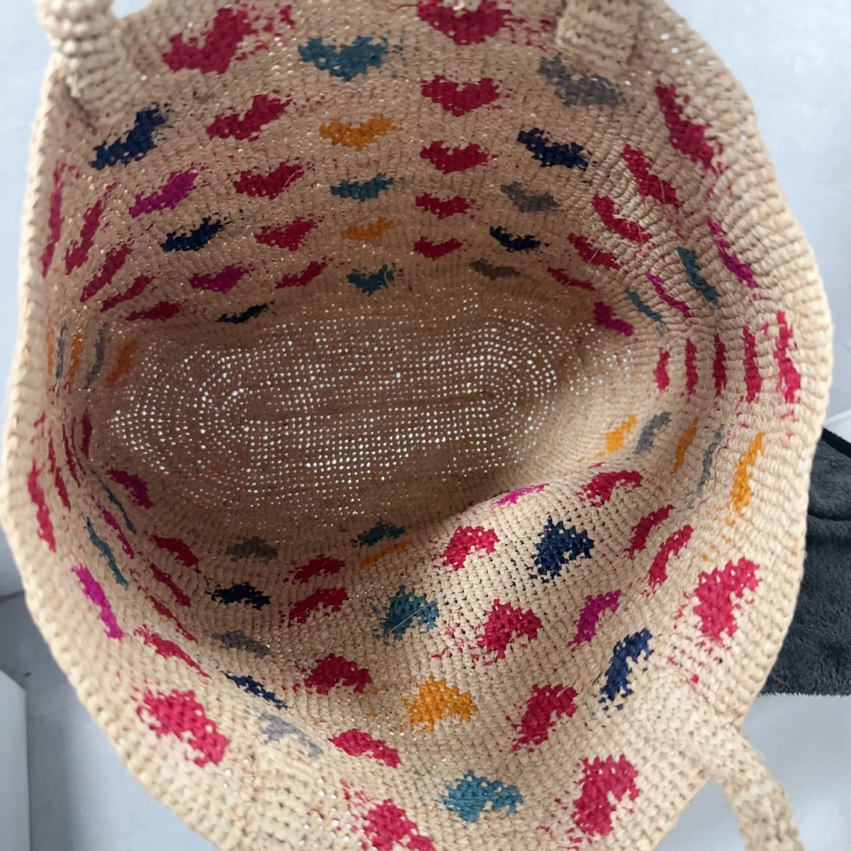 Grass colour raffia woven bucket shoulder bag for women with love embroidery and straw-style weaving