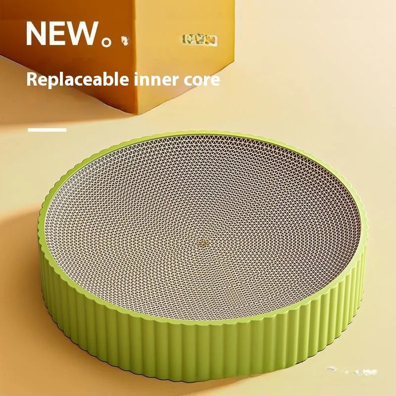 Green and white round cat scratching board with 55cm diameter and corrugated cardboard surface