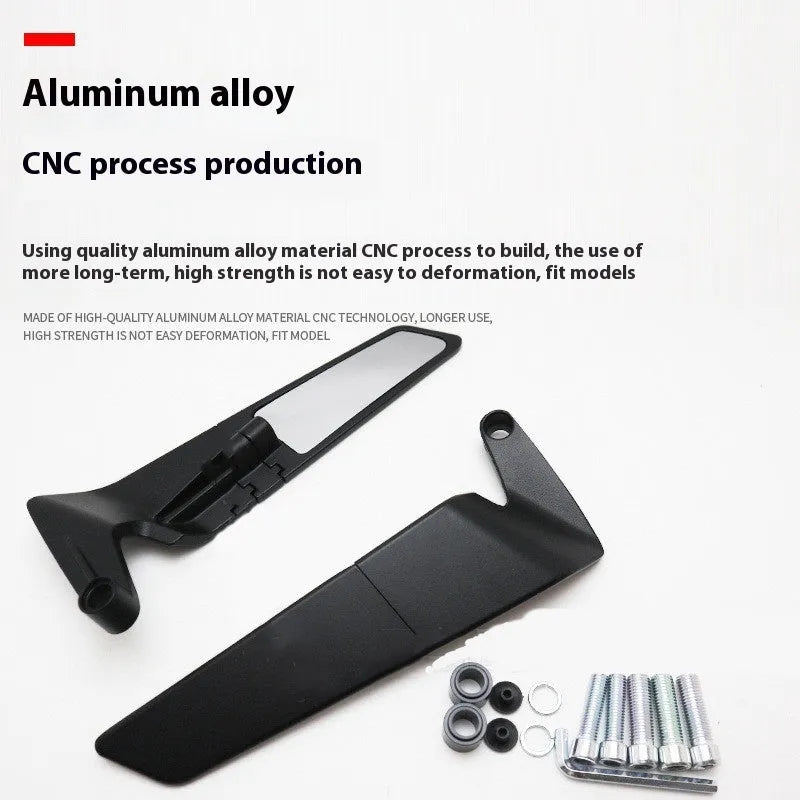 Pair of black universal motorcycle rearview mirrors with spoiler style, aluminium alloy housing and glass lens