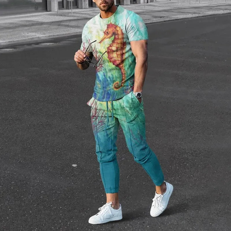 Men's short-sleeved round neck T-shirt and full-length trousers set in a solid colour.