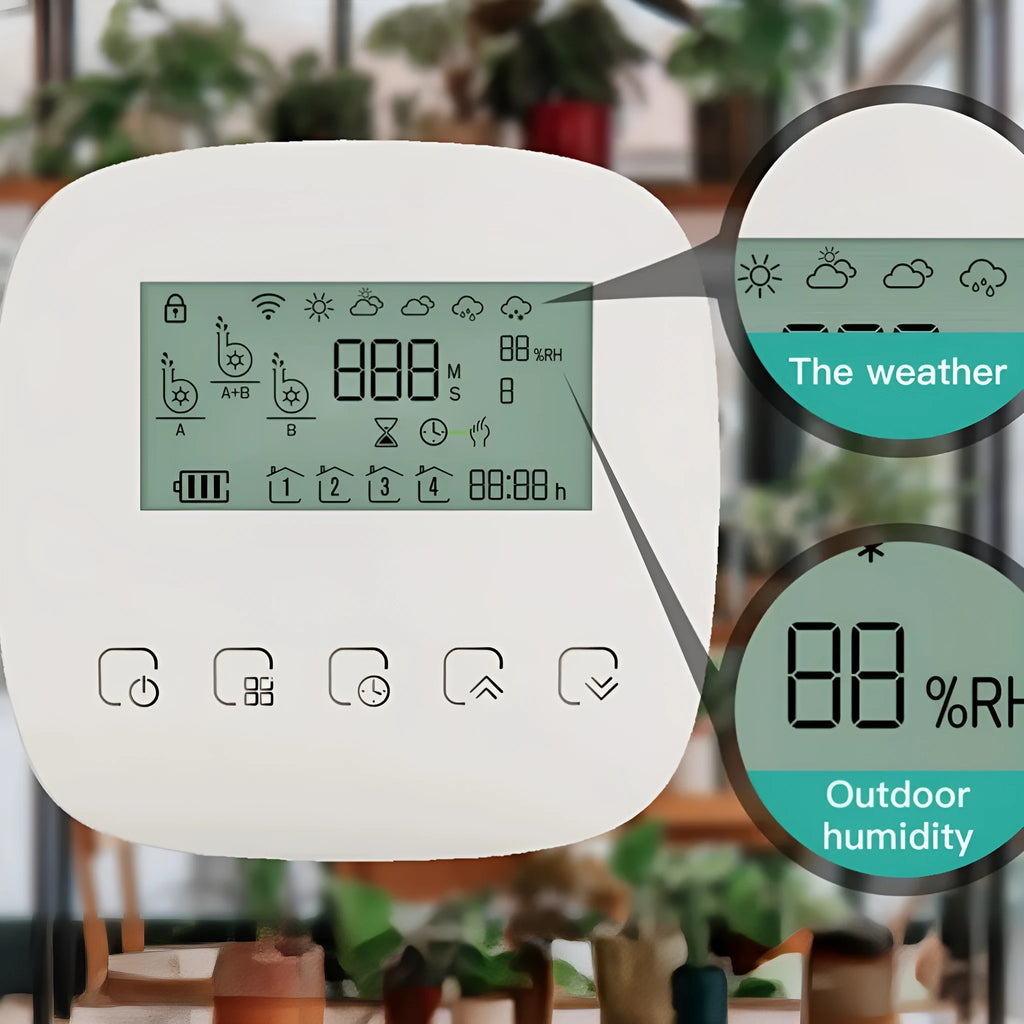 Graffiti smart home rechargeable sprinkler timer with WiFi timing, solar panel, and USB charging