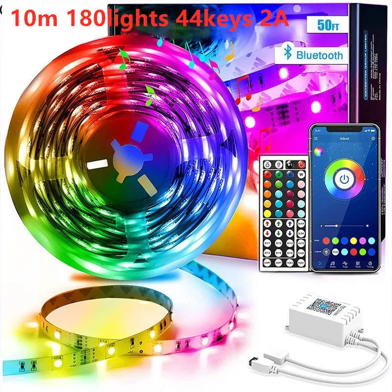 DC 12V Bluetooth LED light strip with 44-key remote controller and power adapter