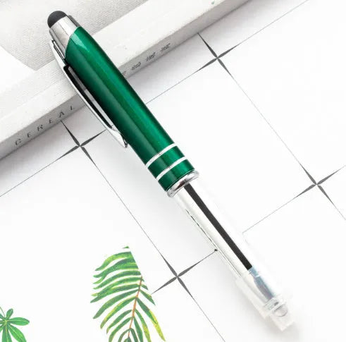 Metal capacitive stylus LED ballpoint pen in five colour options showing bullet pen head