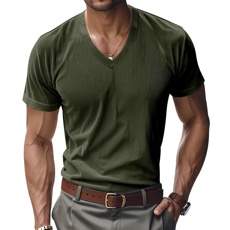 Men's loose V-neck short sleeve polyester top in black, gray, army green, denim blue or apricot, sizes S to XXXL.