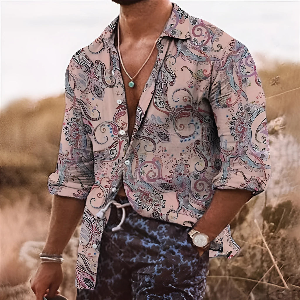 Men's loose fit long sleeve shirt featuring a detailed 3D digital print floral pattern in multiple colours.