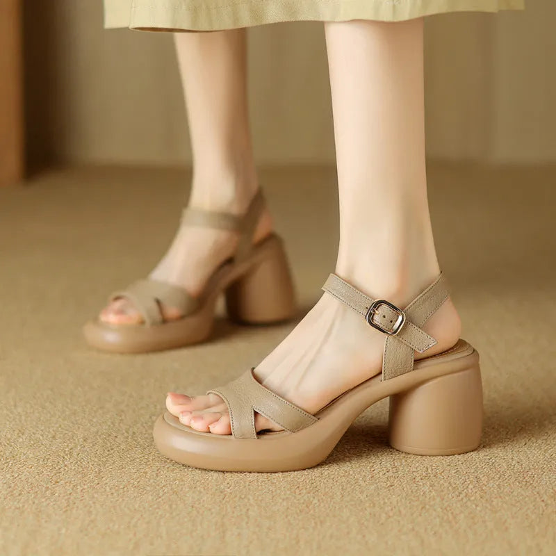 Women's open toe platform sandals in apricot colour with rounded toe holder and rubber sole
