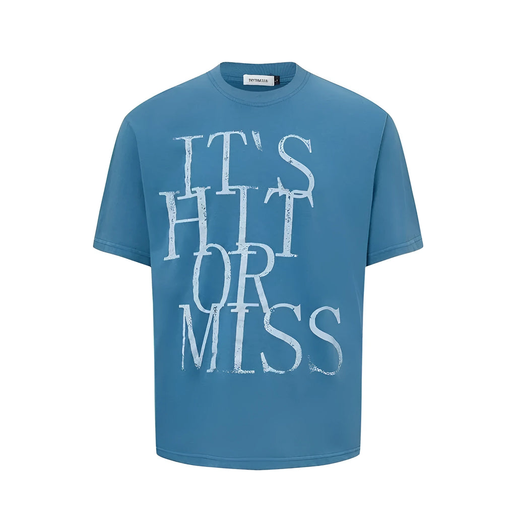 Men's loose blue t-shirt with American-style white letter print on the front.