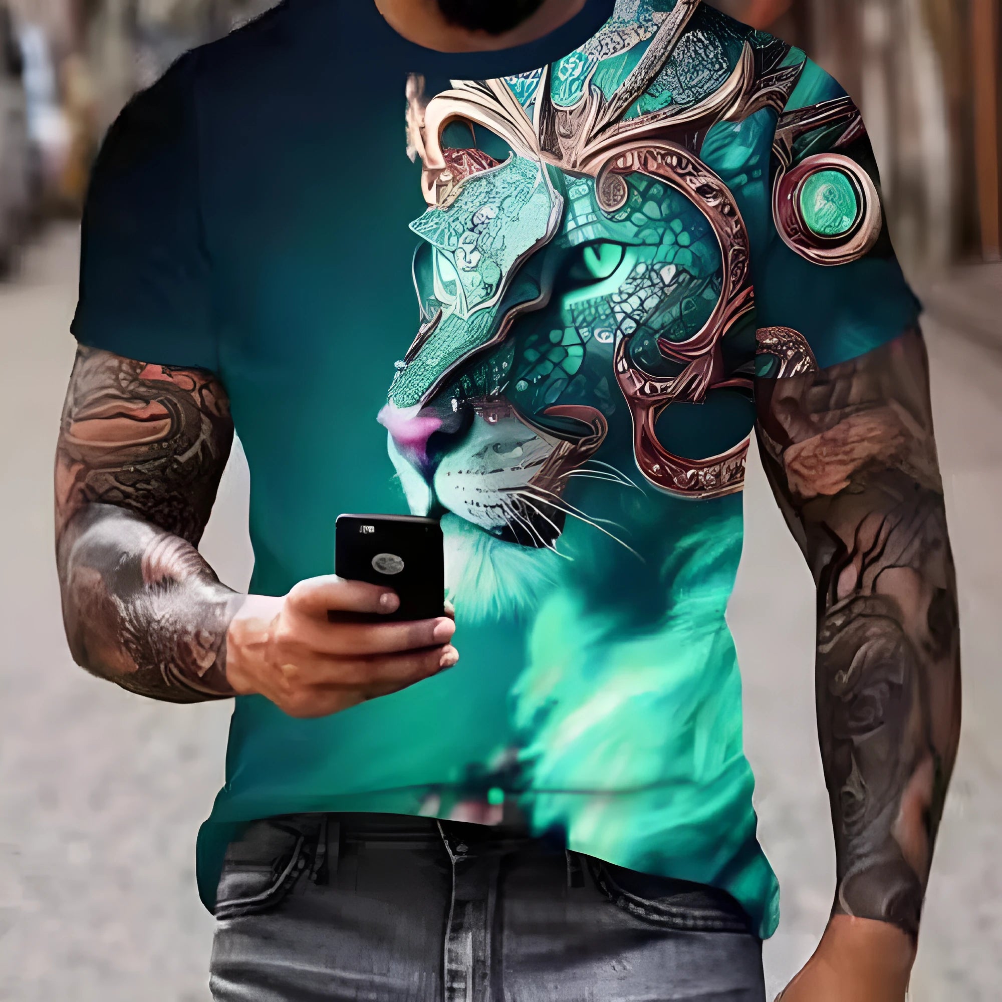 Men's black T-shirt with 3D lion print design, polyester fabric, available sizes XXS to 6XL
