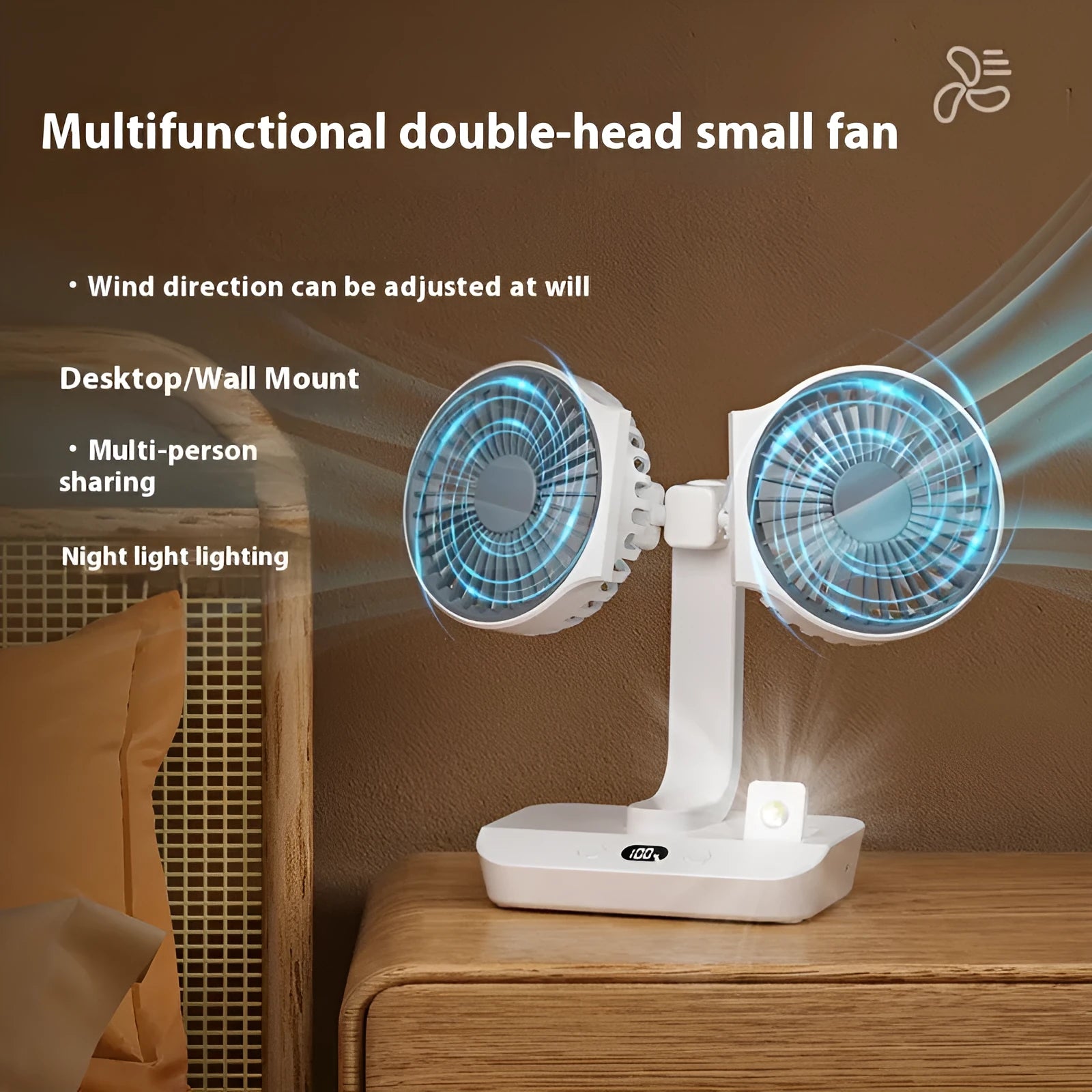 White dual head USB fan with auto oscillation and fill light on desk, 320x140x120mm