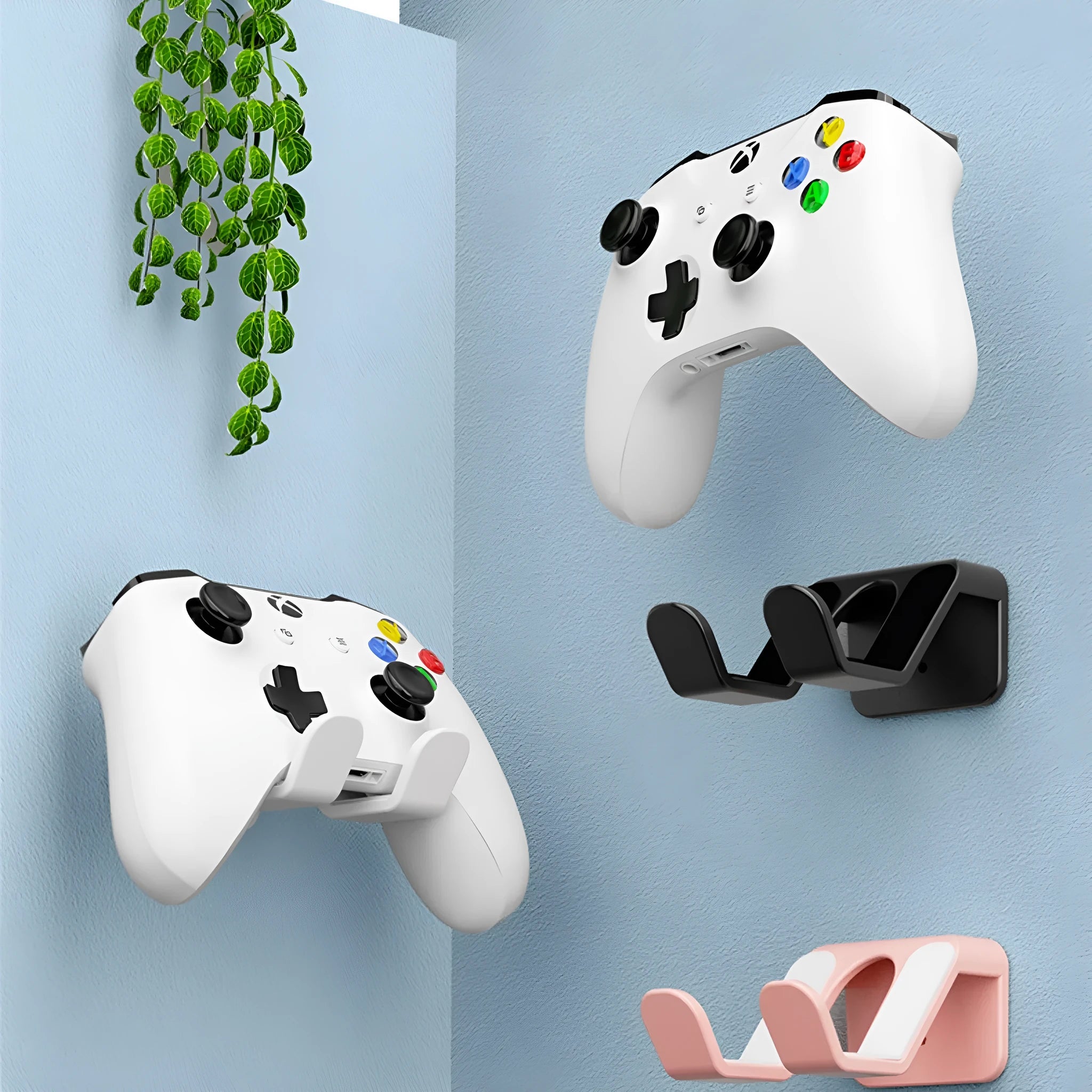 Non-perforated plastic ABS game controller wall hanging rack in black, white or pink with multiple design options