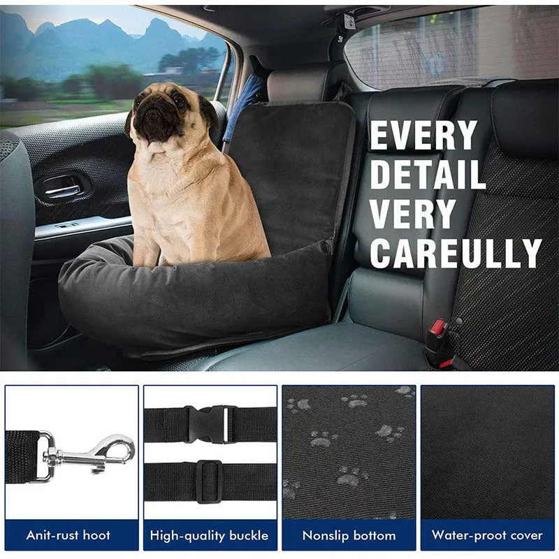 Black breathable pet car hanging bag with waterproof seat cushion, compressed size 44x58x6cm