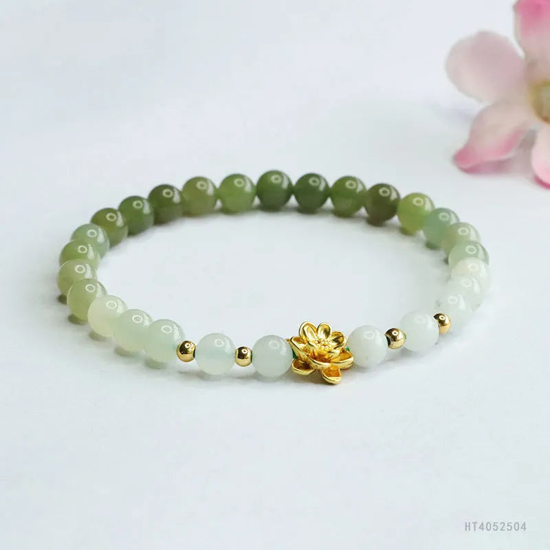 Hand-woven Hetian jade gradient bracelet with 6mm flower beads on a 17cm strand in ancient national style.