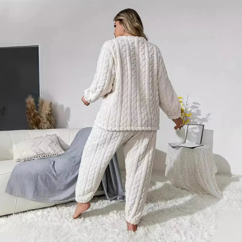 Women's milky white plush two-piece lounge set with crew neck top and long trousers