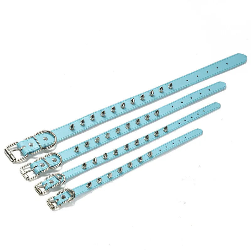 Studded dog collar in six colours with metal alloy fastener and thickened PU leather construction