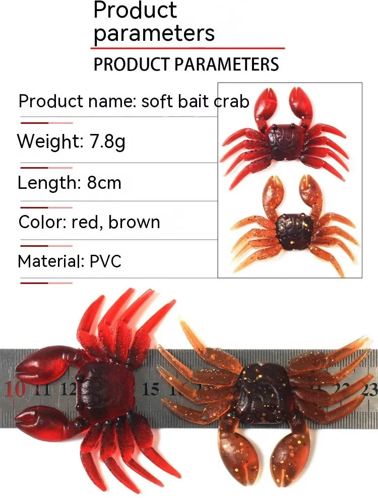 8cm PVC artificial crab fishing lure in red and brown colour variations