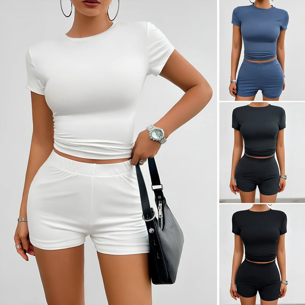 Women's solid colour slim fit sports suit 2-piece set with viscose t-shirt and elastic shorts.