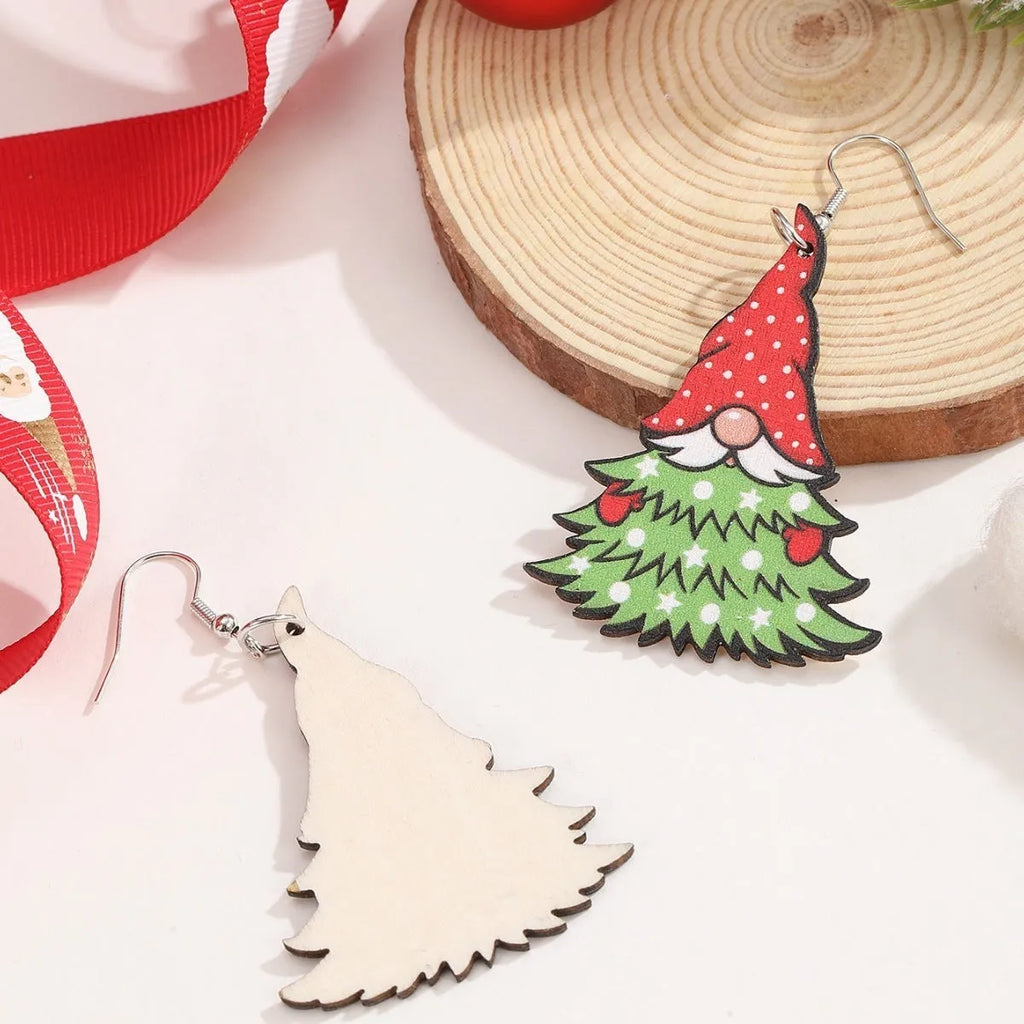 Wooden Christmas earrings with geometric shapes and printed festive designs