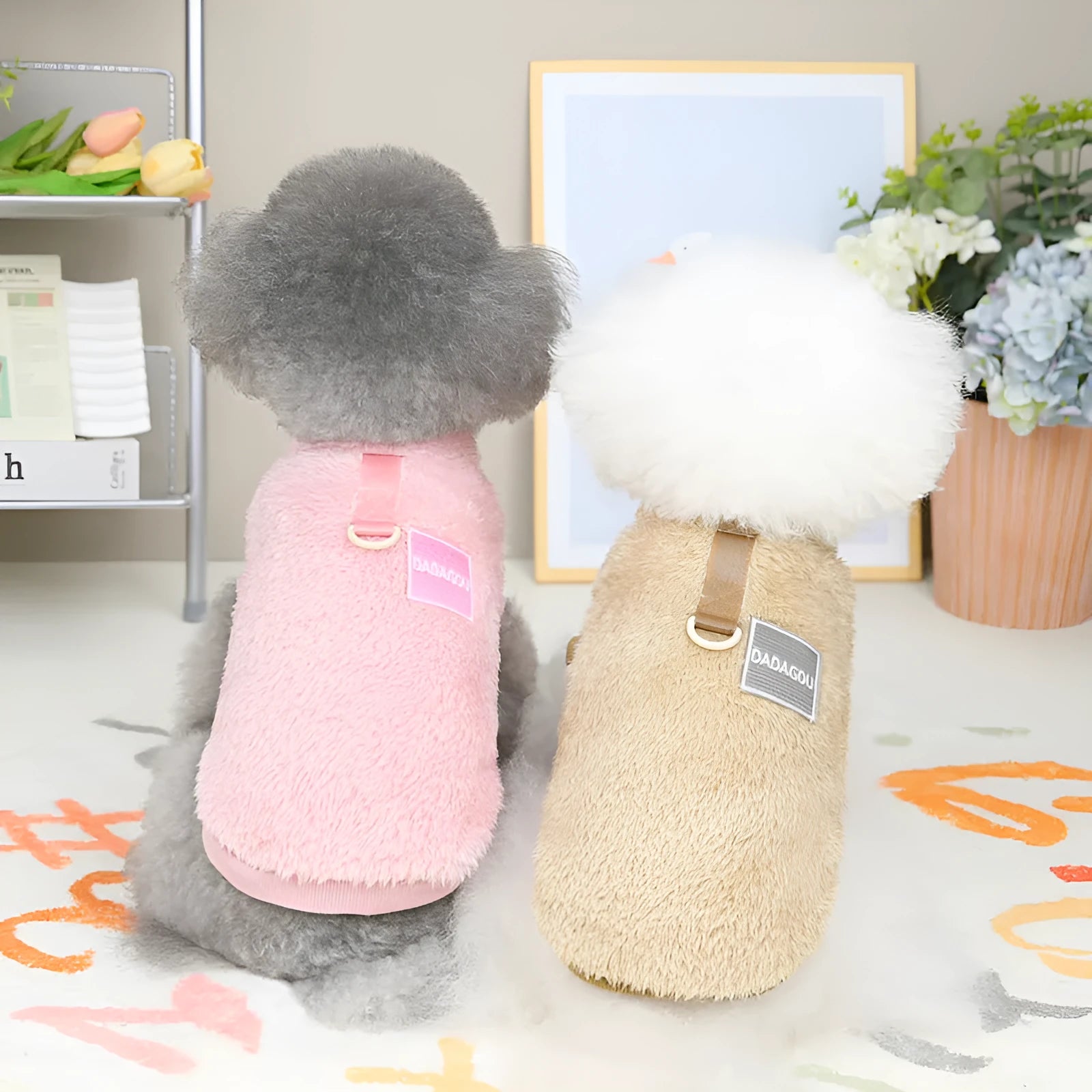 Coral fleece pet jacket for dogs and cats with five-colour pull ring detail