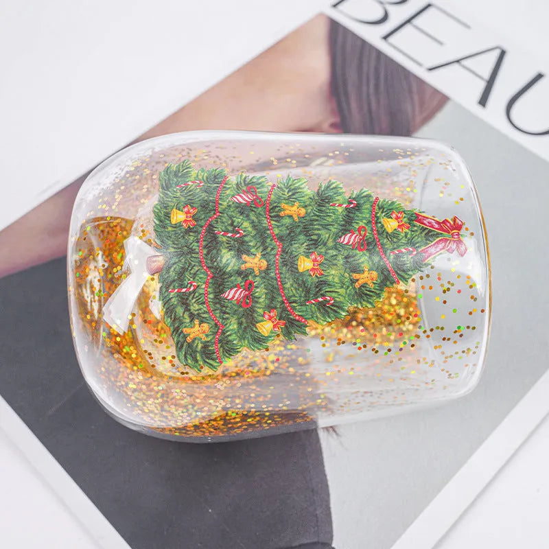 Christmas tree glass tumbler, 380ml double-layer borosilicate glass cup with flowing sequins, 8.6cm x 11.8cm